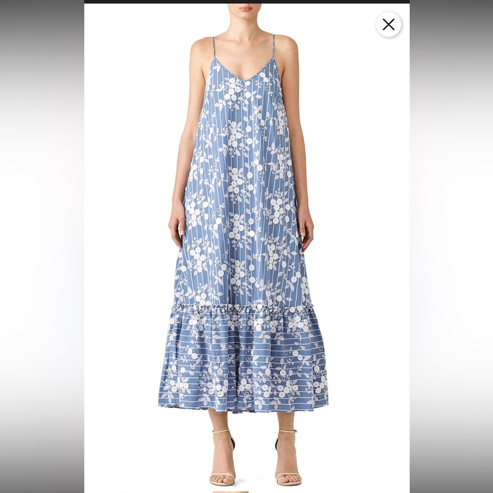 NICHOLAS Blue‎ White Tiered Ruffled Maxi Dress Womens Romantic Cottage